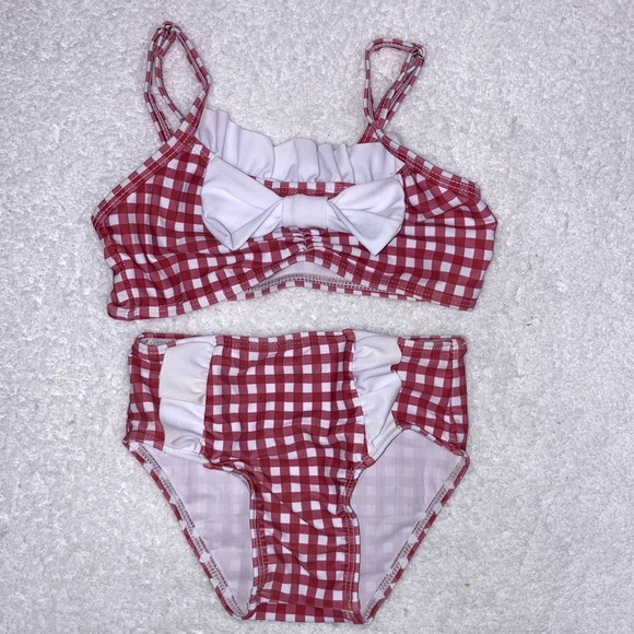 5/$20 Red gingham check ruffle bow bikini girks 12/18m - Picture 1 of 7